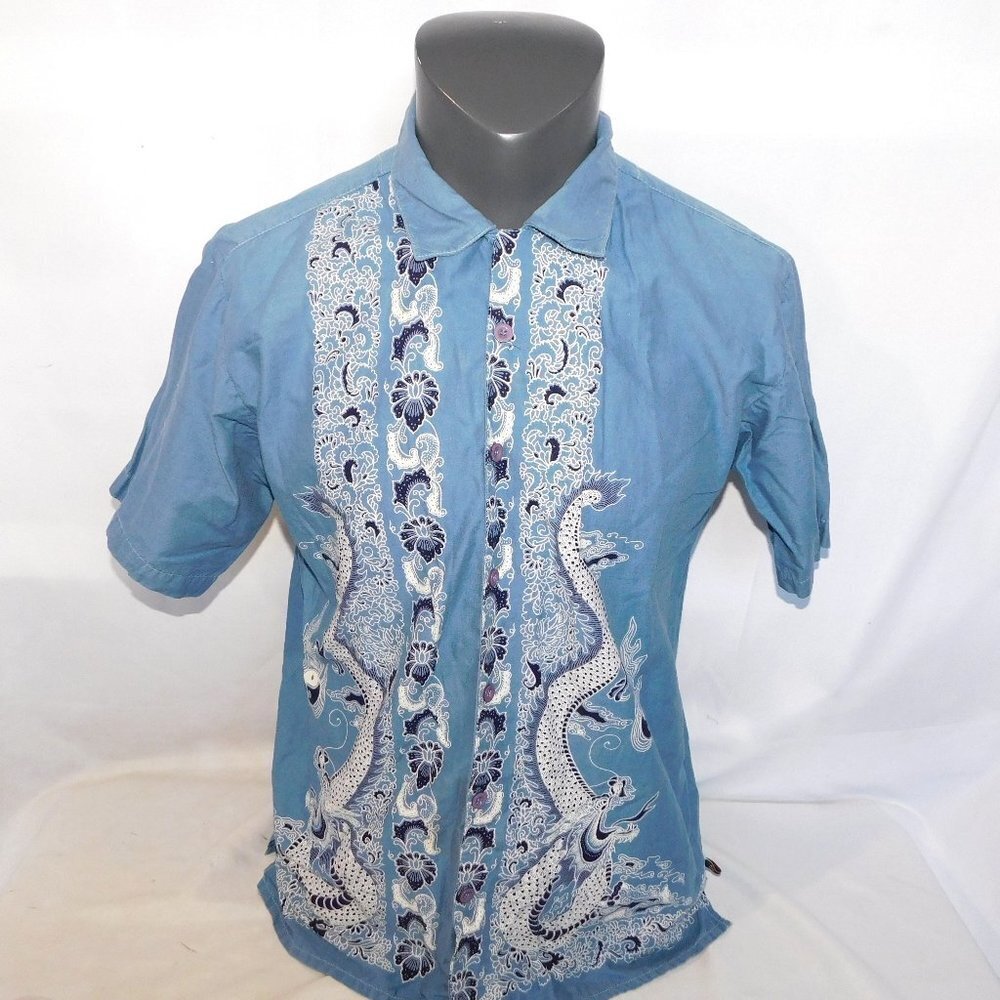 Street Legal Blue White Asian Dragon Short sleeve button Front Shirt Mens S